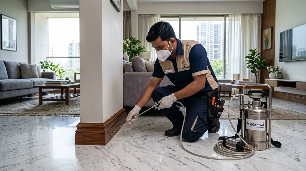 Post-construction drill fill seal termite treatment inside home